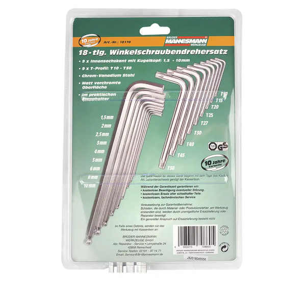 Klucze Imbusowe + Torx Mannesman zestaw 18el.