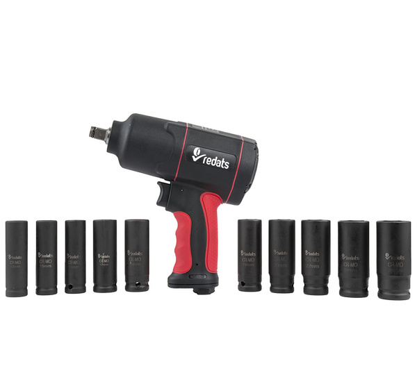 Klucz pneumatyczny 1/2" Udarowy 1450Nm REDATS P-120 + wtyk + nasadki udarowe 1/2" długie REDATS 10 szt.